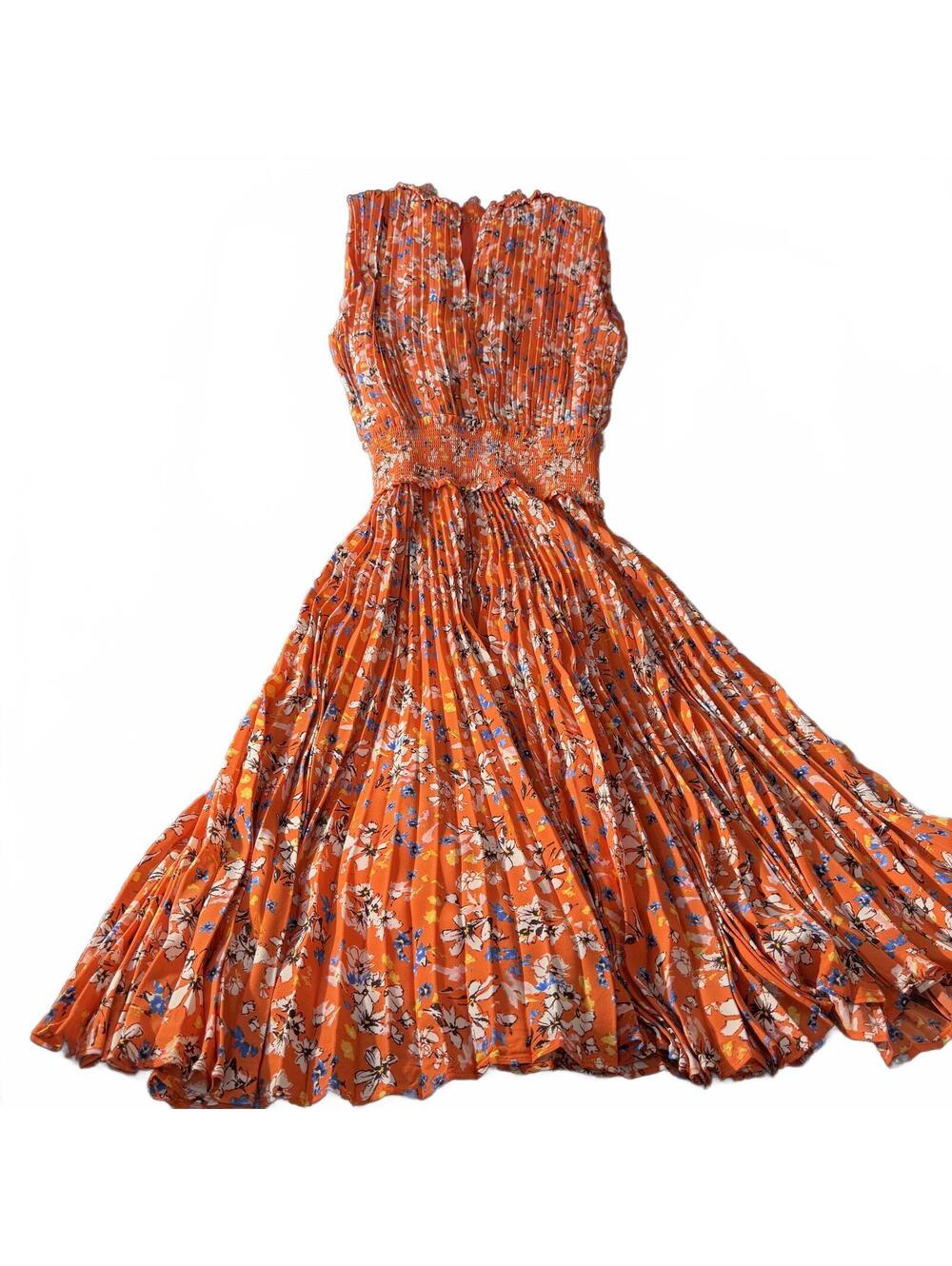 Nanette Nanette Lepore Orange Floral Pleated Sleeveless Midi Dress Size 2 Ruched